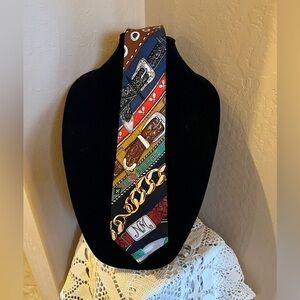 Vintage Nicole Miller Men's 1992 Belts Theme Black Green Tie Silk 58" x 4"